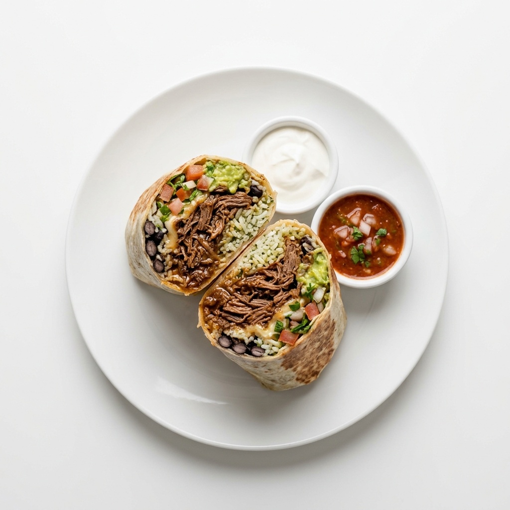 Signature Burrito served on white round plate