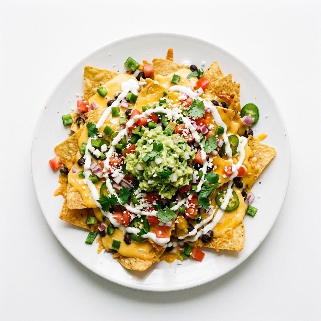 Chef's Loaded Nachos served on white round plate